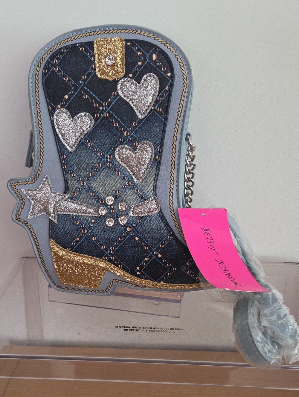 Betsey Johnson NWT Light Blue Denim Boot Novelty Crossbody Bag w/Glitter Accents